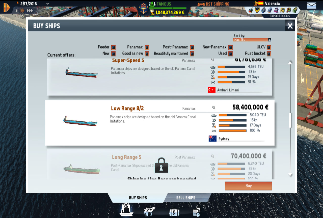 Buy Ships - Bu ekrandan yeni gemiler satın alabilirsiniz.